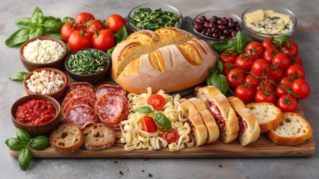 A wooden cutting board with a variety of foods on it