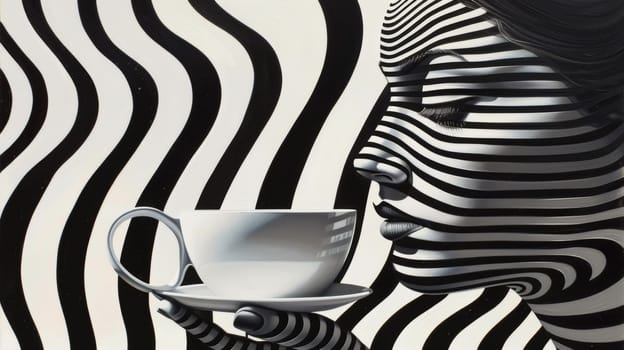 A woman with a cup of coffee in her hand is painted as if she were holding it through the stripes