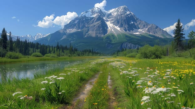 A dirt road leading to a lake with mountains in the background