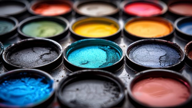 A close up of a tray full of paint colors
