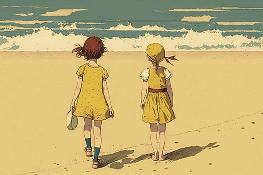 Two children in playful dresses explore a sandy beach, with waves crashing in the background - Generative AI