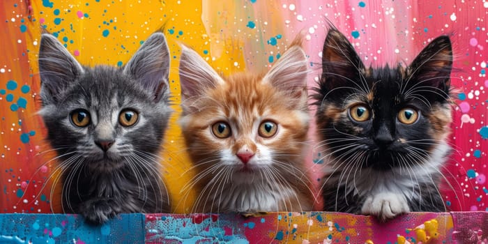 Three cats are looking at the camera in a colorful painting