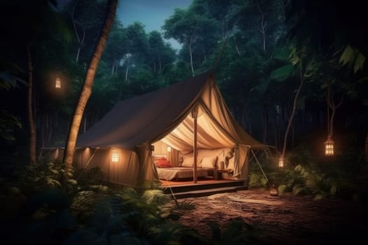 Glamping tent forest. Nature sky forest. Generate Ai