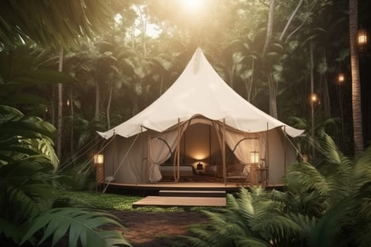 Glamping tent jungle. Travel luxury. Generate Ai