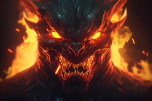 Devil fire head. Satan face light. Generate Ai