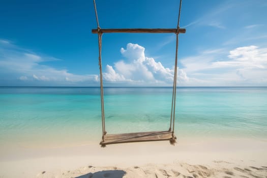 Hanging tropical swing. Ocean swing sand. Generate Ai