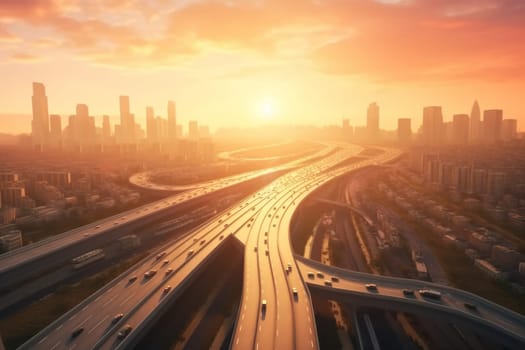 Highway metropolis at sunset. Transport road. Generate Ai