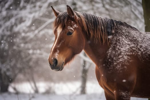 Cute horse in winter snow. Pet mammal. Generate Ai