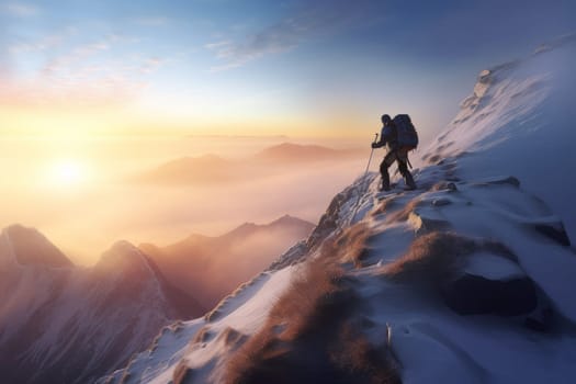 Man climbing mountains. Top hike peak. Fictional person. Generate Ai