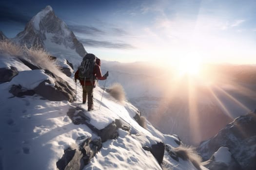 Man climbing up mountains. Freedom sport. Fictional person. Generate Ai