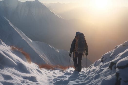 Man climbing winter mountains. Climber travel. Fictional person. Generate Ai