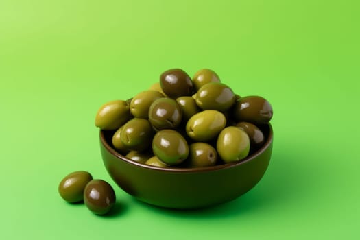 Green olives bowl background. Fresh fruit food. Generate Ai