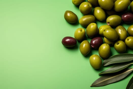 Green olives background. Oil fruit. Generate Ai