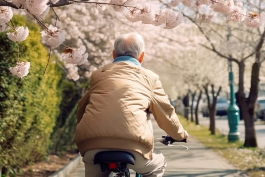 Senior man city bike. Active outdoors. Fictional person. Generate Ai