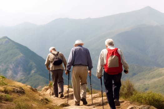Seniors hiking mountain. People healthy. Fictional person. Generate Ai