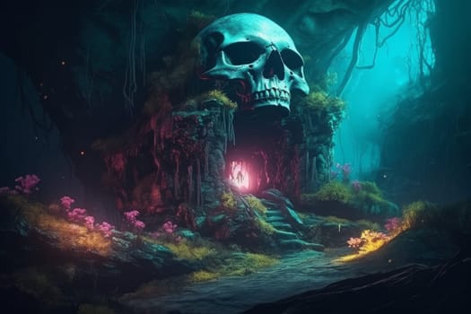 Open skull magic forest. Dark cave. Generate Ai