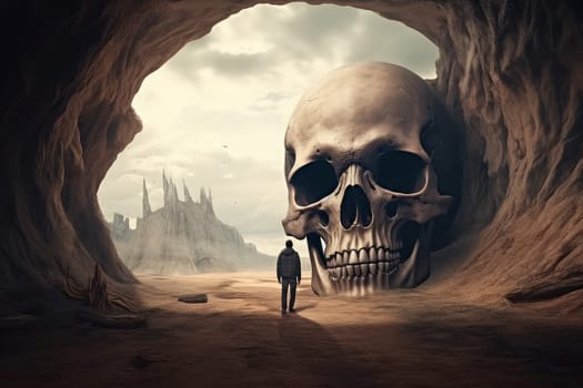 Skull man desert. Stone ancient. Generate Ai