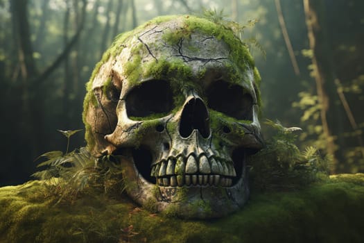 Skull moss forest. Ancient stone. Generate Ai