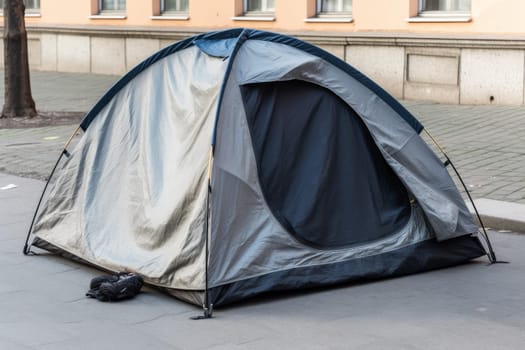 Street city homeless tent. Human problem. Generate Ai
