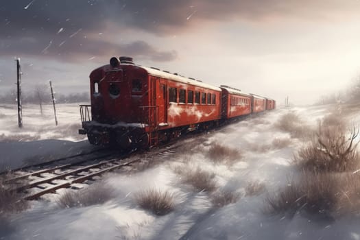 Train winter field. Road forest rail. Generate Ai