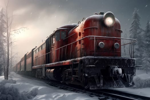 Train winter snow. Road forest rail. Generate Ai