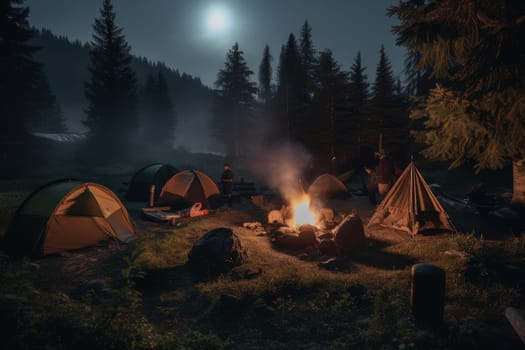 Campsite with fire. Sky night stars. Generate Ai