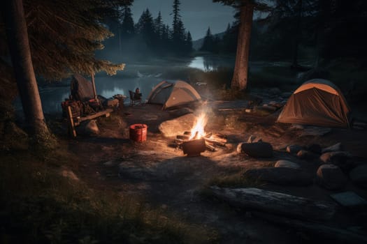 Tent campsite with fire. Forest wild camp. Generate Ai