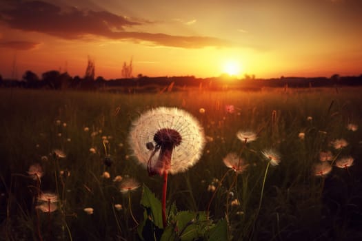 Dandelion field sunset. Plant seed. Generate Ai