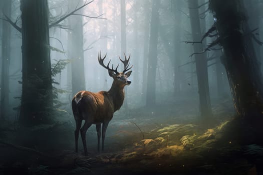 Deer forest dark. Stag fauna. Generate Ai