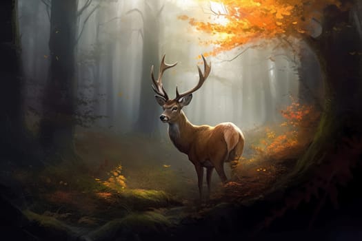 Deer autumn forest. Nature field. Generate Ai
