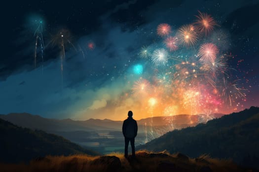 Man fireworks night. Holiday person. Generate Ai