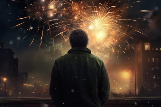 Man near night sky fireworks. Holiday celebration. Fictional person. Generate Ai