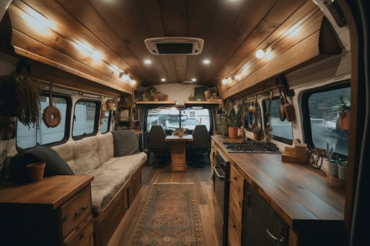 Modern interior vanlife charming. Travel space. Generate Ai