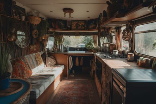 Modern interior vanlife camper. Mobile travel. Generate Ai