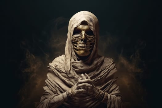 Ancient mummy skeleton. Zombie costume. Generate Ai