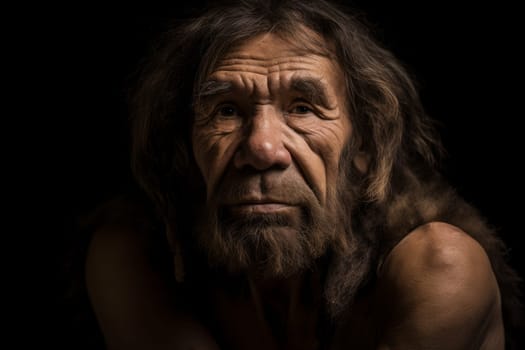 Neanderthal prehistoric man. Skin people. Fictional person. Generate Ai