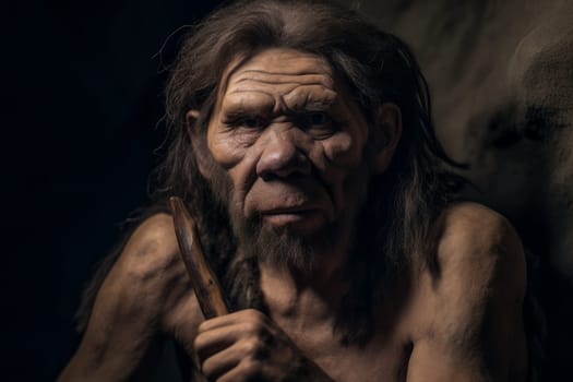 Neanderthal prehistoric caverman. Cave hunter. Fictional person. Generate Ai