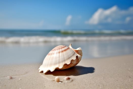 Shell on sea beach. Sun object. Generate Ai