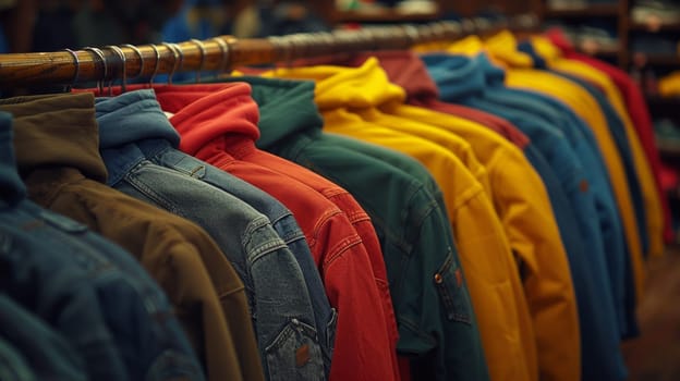A row of jackets hanging on a rack in the store