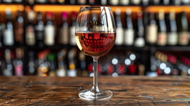 A glass of a wine is sitting on top of the bar