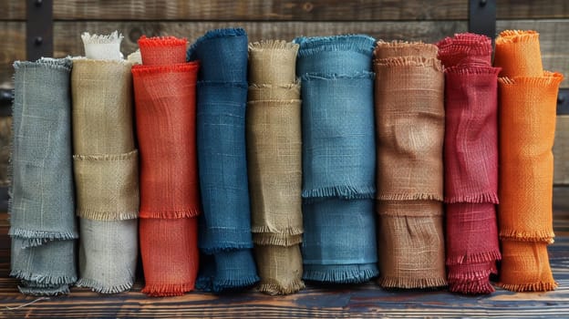 A stack of different colored cloths on a wooden table