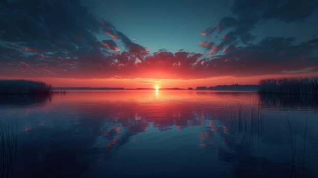 A sunset over a calm body of water with grasses and trees