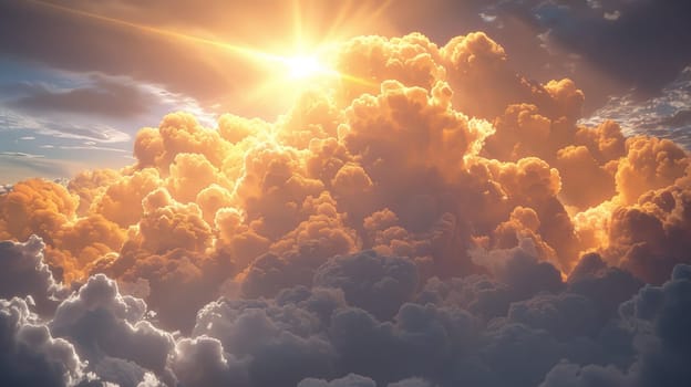 A bright sun shining through a cloud filled sky