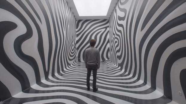 A man standing in a room with black and white stripes