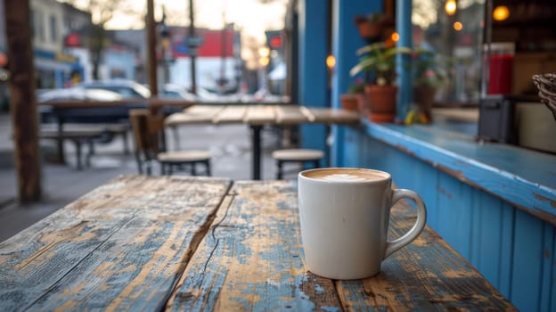 A coffee cup sitting on a wooden table outside of an eatery