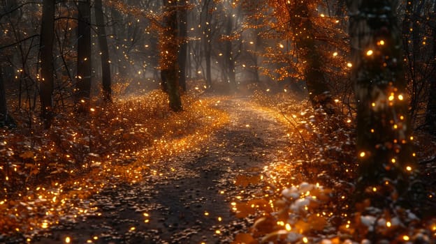 A path in the woods lit up with fairy lights