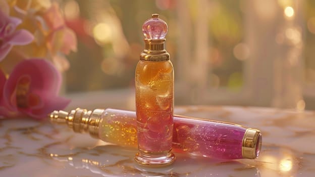 Two perfume bottles on a table with flowers in the background