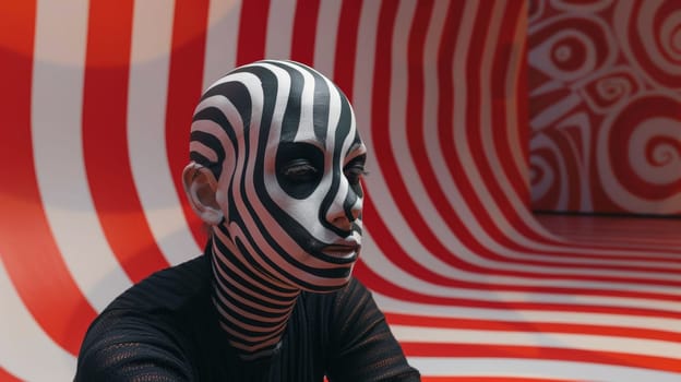 A woman with painted face sitting in front of a wall