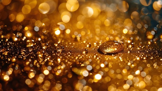 A close up of a water droplet on top of gold glitter