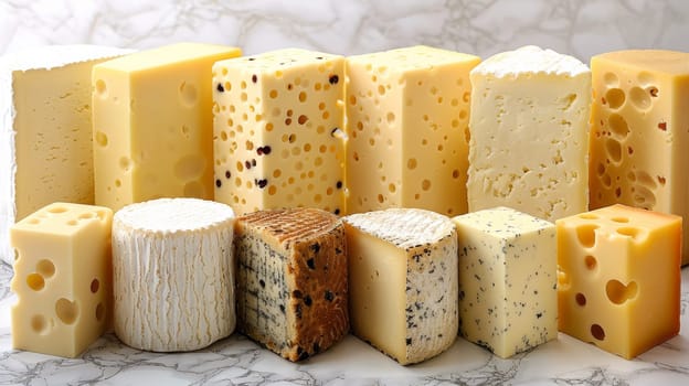 A group of different types and sizes of cheese on a marble counter